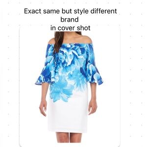 ***Cleo Blue and White Floral Off-Shoulder Dress with 3/4 flared sleeves.